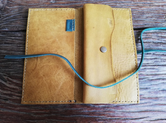 simple wallet　オイルシュリンク　マスタードイエロー✗ブルーグリーン 3枚目の画像