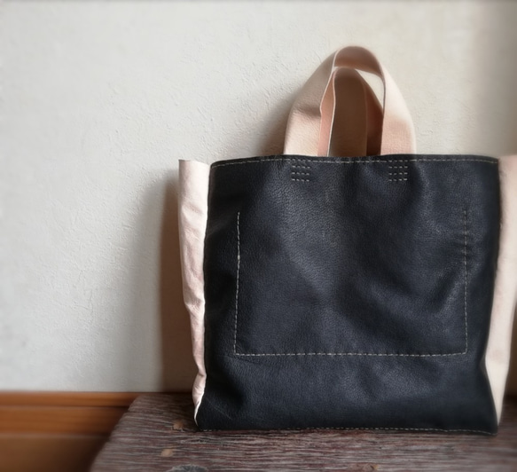 stitch tote M　ピッグスキン　ブラック✗ナチュラル 4枚目の画像