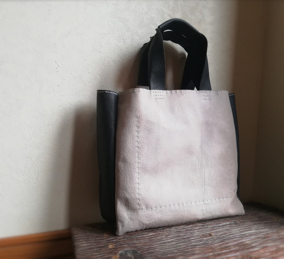 stitch tote M　ピッグスキン　ライトグレー✗ブラック 3枚目の画像