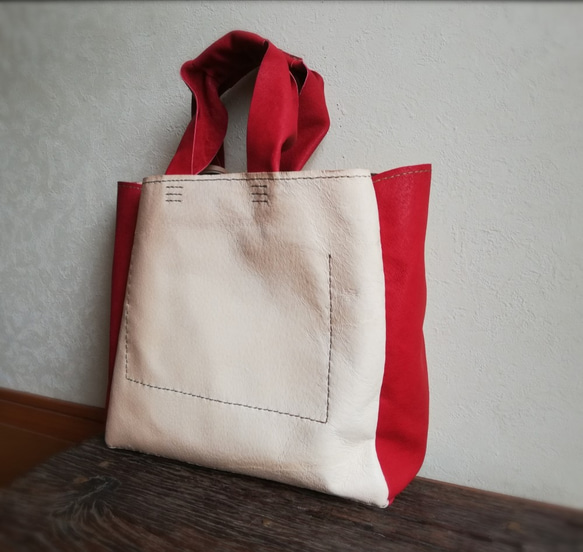 stitch tote M　ピッグスキン　ナチュラル✗レッド 3枚目の画像