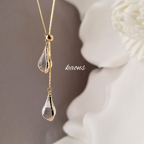 2way Y字 ダブル クリア ドロップ ロングネックレス/シンプル