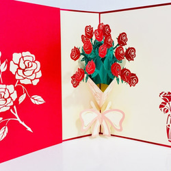 手作り切り紙ポップアップメッセージカード赤いローズ　花束　バラブティックナチュラル 1枚目の画像
