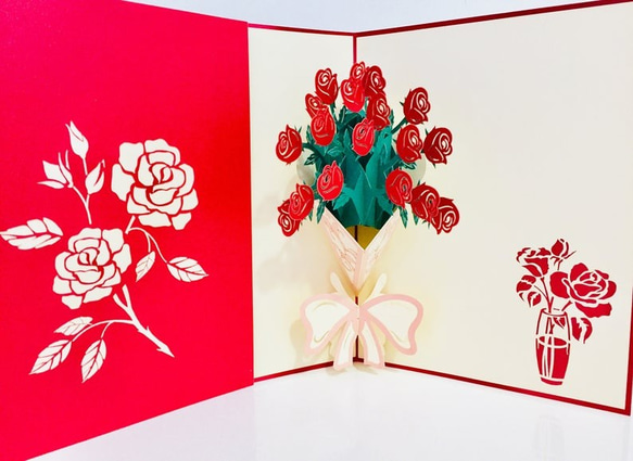 手作り切り紙ポップアップメッセージカード赤いローズ　花束　バラブティックナチュラル 1枚目の画像