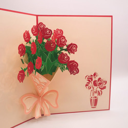 手作り切り紙ポップアップメッセージカード赤いローズ　花束　バラブティックナチュラル 3枚目の画像
