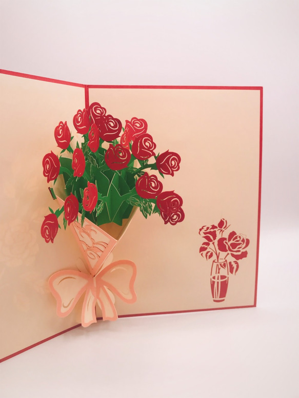 手作り切り紙ポップアップメッセージカード赤いローズ　花束　バラブティックナチュラル 3枚目の画像