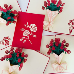 手作り切り紙ポップアップメッセージカード赤いローズ　花束　バラブティックナチュラル 6枚目の画像