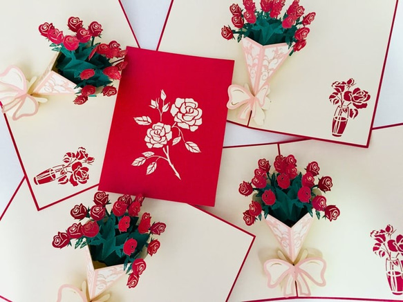 手作り切り紙ポップアップメッセージカード赤いローズ　花束　バラブティックナチュラル 6枚目の画像