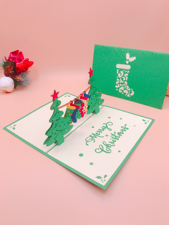クリスマスカード　ポップアップグリーティングカード 靴下 4枚目の画像