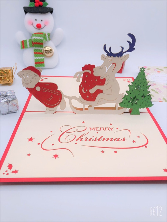 『面白い』クリスマスカードポップアップグリーティングカード サンタクロス&鹿 2枚目の画像