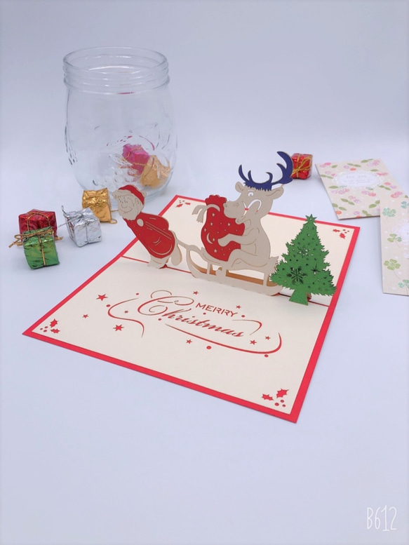 『面白い』クリスマスカードポップアップグリーティングカード サンタクロス&鹿 3枚目の画像