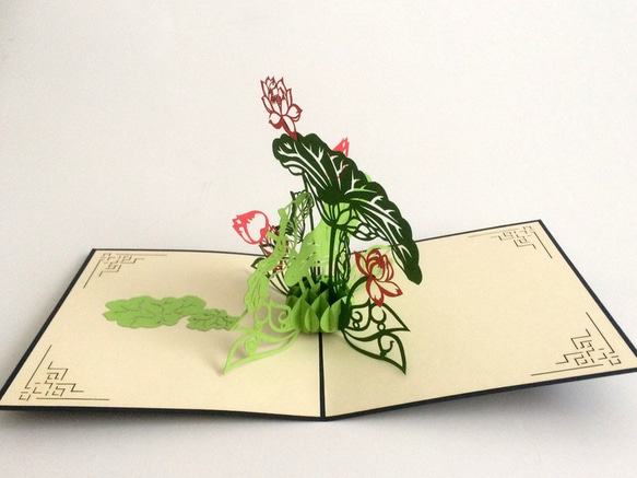 ポップアップカード　手作り切り紙 立体カード　ハス花　蓮 2枚目の画像