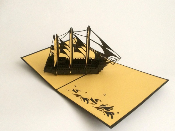 ポップアップカード　手作り切り紙　立体カード　金帆前船 3枚目の画像