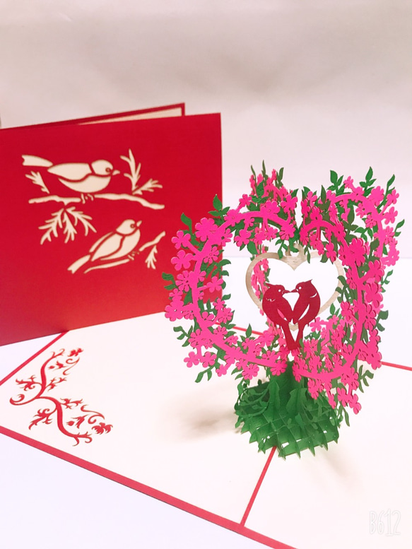ポップアップカード 可愛い！手作り切り紙立体カード　ハート花と鳥 5枚目の画像