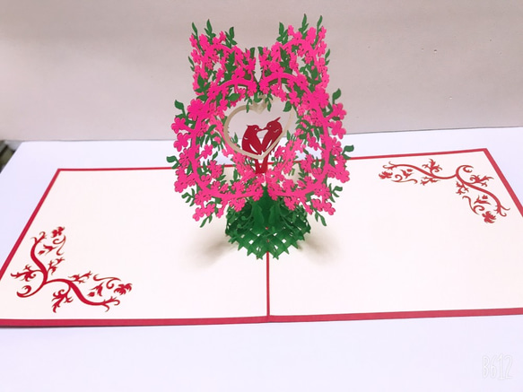 ポップアップカード 可愛い！手作り切り紙立体カード　ハート花と鳥 6枚目の画像