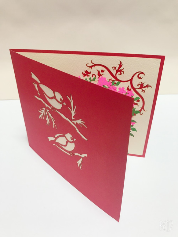 ポップアップカード 可愛い！手作り切り紙立体カード　ハート花と鳥 8枚目の画像