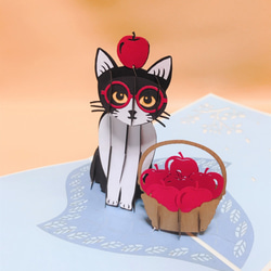 ポップアップカード　立体カードグリーティングカード手作り　猫ちゃん　ピックニック　赤いりんご　誕生日カードにゃんにゃん 1枚目の画像