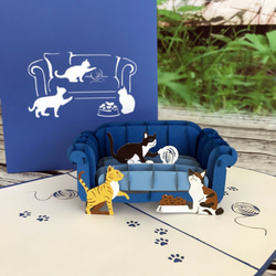 「再出品」ポップアップカード　手作り切り紙 立体カード　猫ちゃん＆ソファー 1枚目の画像