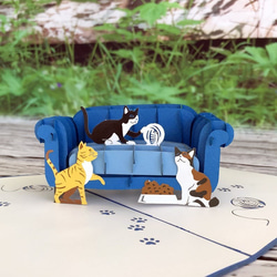 「再出品」ポップアップカード　手作り切り紙 立体カード　猫ちゃん＆ソファー 3枚目の画像