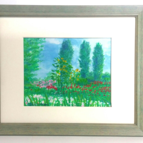 Nさま専用（原画）夏色並木【SMサイズ／水彩画／#2502】 原画「露草2」 ※木製額縁入り (18×18㎝フレーム） 水彩・絵画