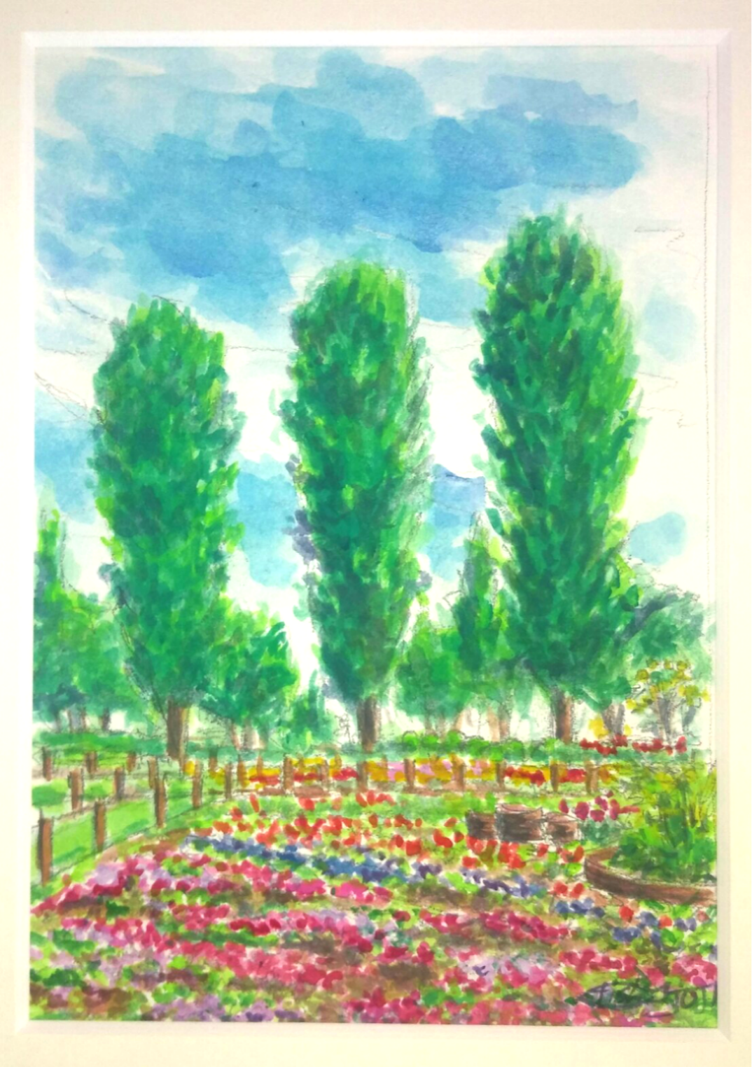 水彩画  花とサンタ 水彩画　原画