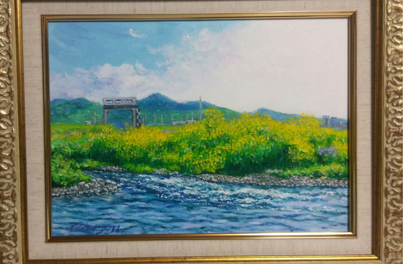 "　水門のある風景-渡良瀬　"　油彩画　原画　F4号
額付 2枚目の画像