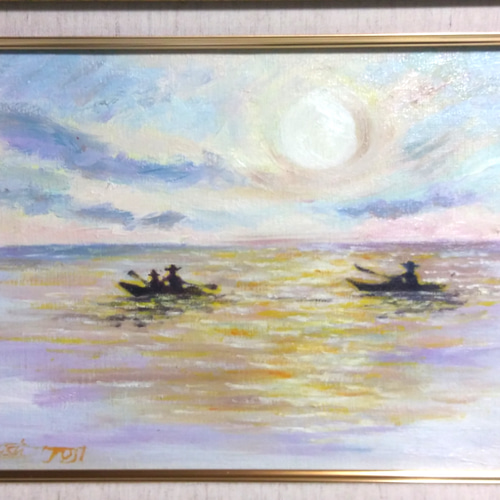 油彩画「さくらと船遊び」原画F4号