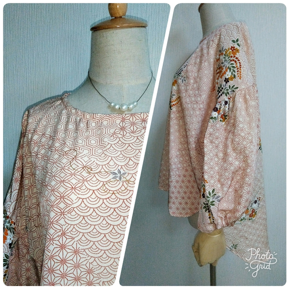 【送料無料】着物リメイク・シルク着物で作ったバルーン袖のブラウス(クリーム地×花柄) 1枚目の画像
