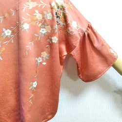 【送料無料】着物リメイク　シルク　オレンジの華やかフリル袖ブラウス 7枚目の画像