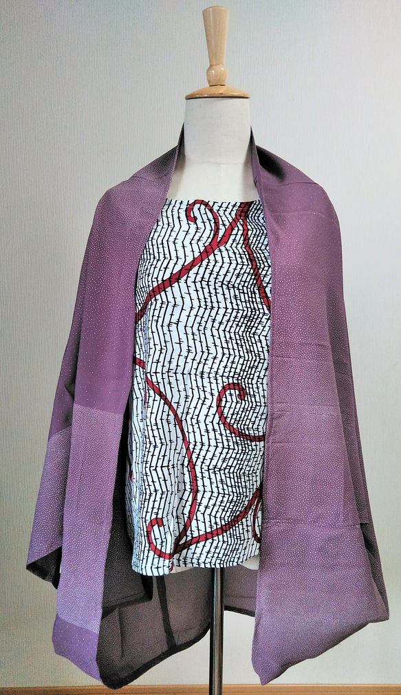 着物リメイク　夏着物で透け感の有る　ゆったりマーガレットカーディガン　薄紫色×白ドット柄 2枚目の画像