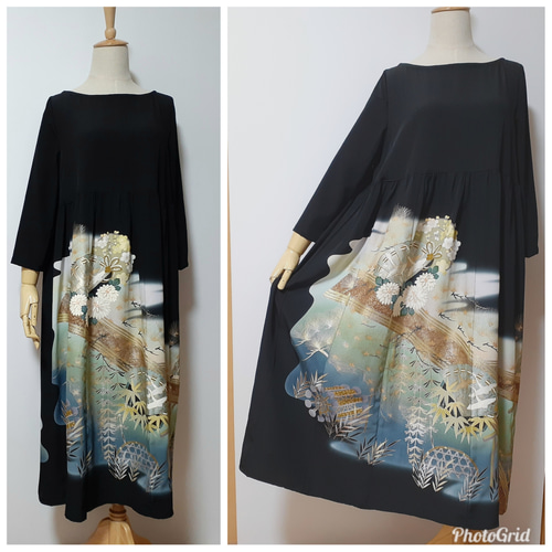 着物リメイク 留袖 「上村松園の世界」ウエスト切り替え・七分袖