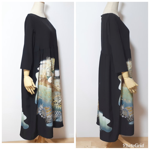 着物リメイクワンピース 留袖ドレス 上村松園の世界 落款あり作家物 着物リメイクワンピース 留袖ドレス 上村松園の世界 落款あり