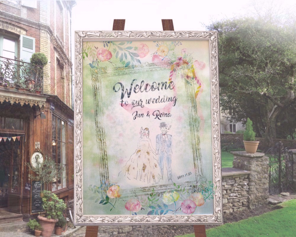 《送料無料》【ビジュー＆グリッター加工付weddingウエルカムボードA3】似顔絵オーダーメイド