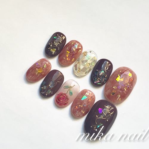 no.071】ニュアンスネイル/薔薇ネイル/ブラウン/ワイヤー ネイルチップ