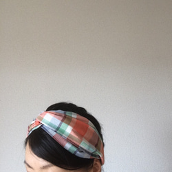 馬德拉斯格紋頭巾（橙色和綠色） 第6張的照片