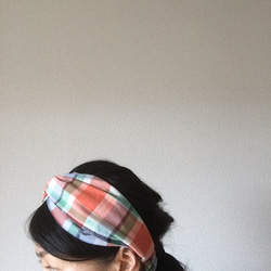 馬德拉斯格紋頭巾（橙色和綠色） 第7張的照片