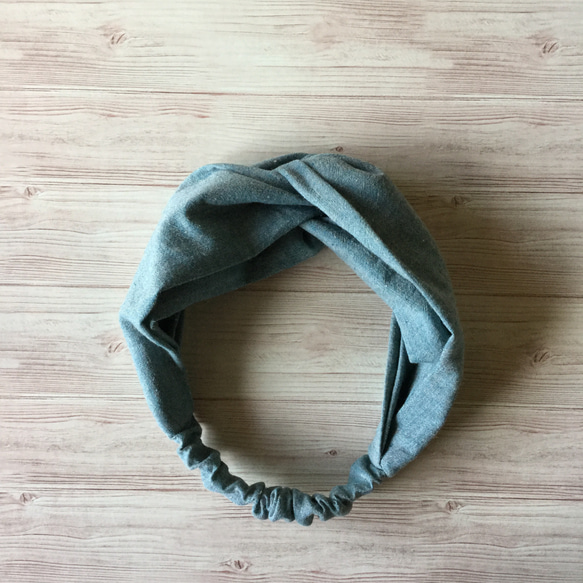 亞麻混紡工裝褲交叉頭巾（復古藍色） 第3張的照片