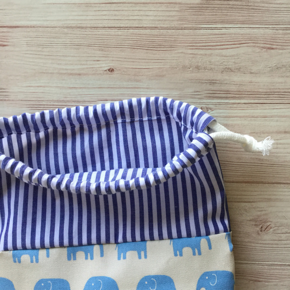 ミニ巾着（ぞうさん・青ストライプ）コップ袋 3枚目の画像
