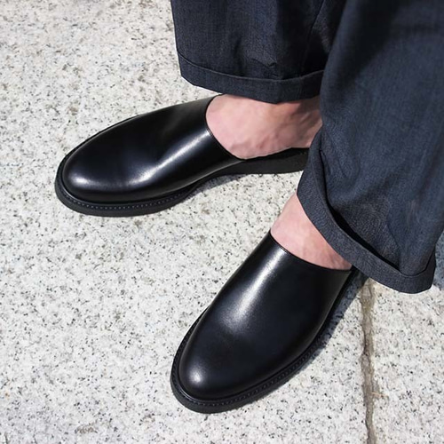 即納】メンズ レザーミュール サンダル 本革 革靴 ブラック グリーン