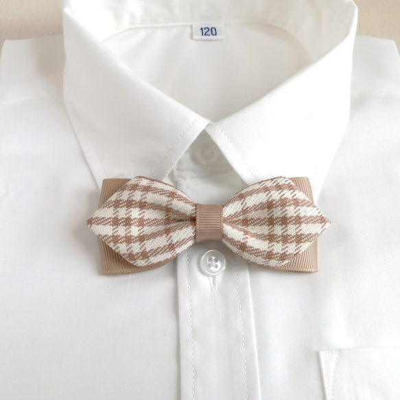 蝶 ネクタイ 細チェック ～ ベージュ ～ ケース付き フォーマル 男の子