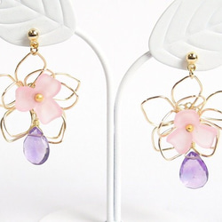 【粉色】重疊花朵耳環【耳環可換】紫水晶 第2張的照片