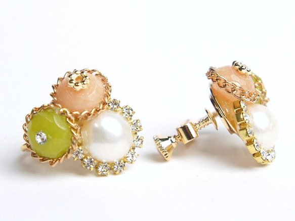淡水珍珠與翡翠花朵寶石耳環【穿孔耳環多變】翡翠 第1張的照片