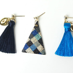 藍色三角形藝術盤飾和流蘇耳環[Pierce多變] 第3張的照片