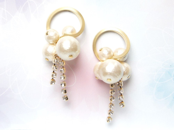 棉質珍珠和水鑽戒指耳環 第2張的照片
