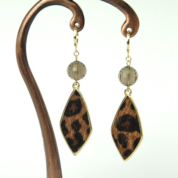 Leopard Harako &amp; Smoky Quartz Earrings [穿孔耳環多變] 第2張的照片