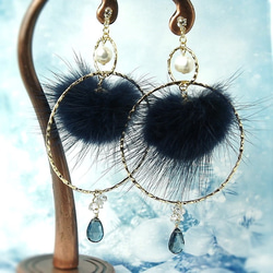 London blue topaz &amp; mink fur 無穿孔耳環 [Pierce changeable] 第4張的照片