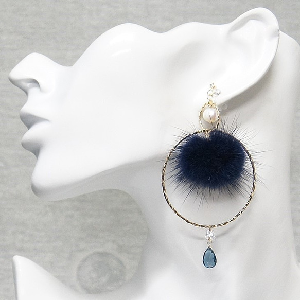 London blue topaz &amp; mink fur 無穿孔耳環 [Pierce changeable] 第5張的照片