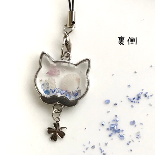 沖縄の海- 猫ちゃんストラップ 《星砂・貝殻・枝珊瑚 封入