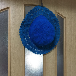 リネンの糸で編んだ夏帽子(ブルー) 2枚目の画像
