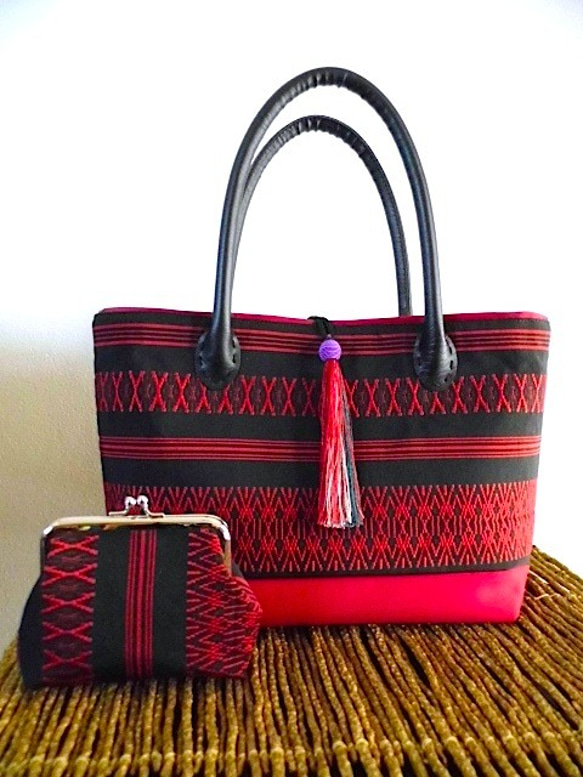 博多織名古屋帯・トートバッグ・赤と黒・ポーチ付き トートバッグ  
