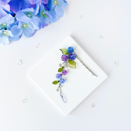 雫の揺れる紫陽花ヘアピン(かんざし風) 紫陽花 浴衣 金平糖 フェイク